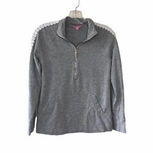 Lilly Pulitzer Light Gray Pullover Sweatshirt XXS White Lace Trim Gold Hardware